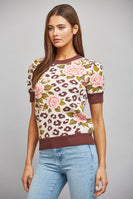 FATE Floral and Leopard Jacquard Knit Short Puff Sleeve Sweater in Cream Brown
