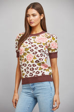 Load image into Gallery viewer, FATE Floral and Leopard Jacquard Knit Short Puff Sleeve Sweater in Cream Brown
