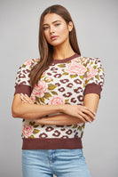 FATE Floral and Leopard Jacquard Knit Short Puff Sleeve Sweater in Cream Brown