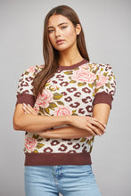 Load image into Gallery viewer, FATE Floral and Leopard Jacquard Knit Short Puff Sleeve Sweater in Cream Brown
