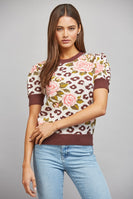 FATE Floral and Leopard Jacquard Knit Short Puff Sleeve Sweater in Cream Brown