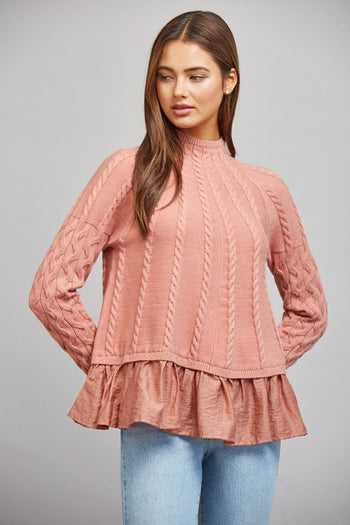 FATE Mixed Media Cable Knit Sweater in Dusty Rose