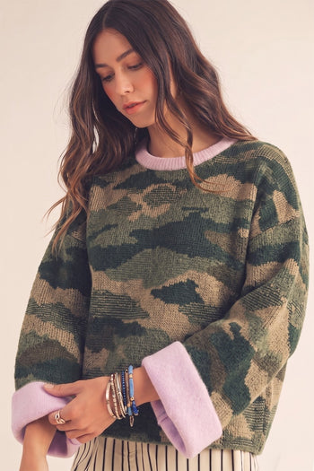LovLov Camo Contrast Cuff Sweater in Camo Pink