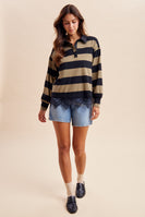 AnnieWear Lace Hem Striped Rugby Tee in Olive