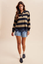 Load image into Gallery viewer, AnnieWear Lace Hem Striped Rugby Tee in Olive
