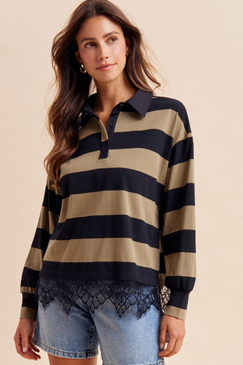 AnnieWear Lace Hem Striped Rugby Tee in Olive