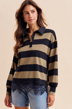 Load image into Gallery viewer, AnnieWear Lace Hem Striped Rugby Tee in Olive
