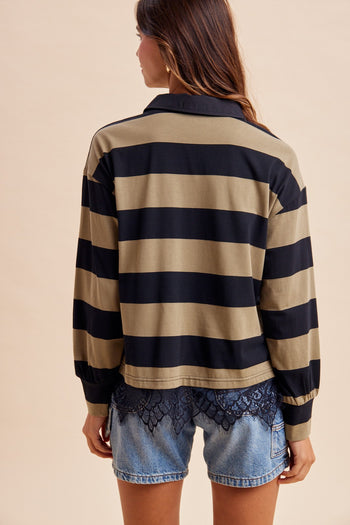 AnnieWear Lace Hem Striped Rugby Tee in Olive