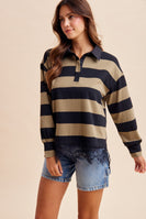 AnnieWear Lace Hem Striped Rugby Tee in Olive