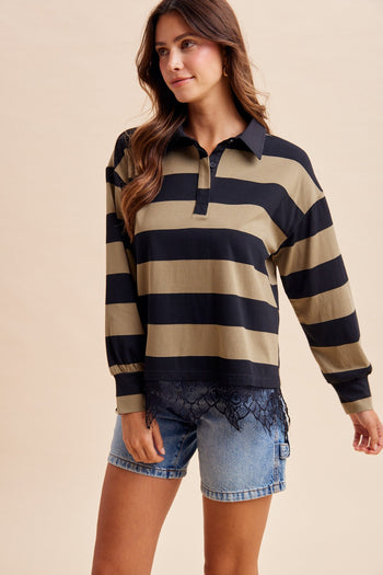 AnnieWear Lace Hem Striped Rugby Tee in Olive
