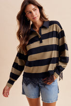 Load image into Gallery viewer, AnnieWear Lace Hem Striped Rugby Tee in Olive
