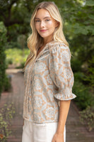 VOY Geometric Velvet Jacquard Top in Taupe