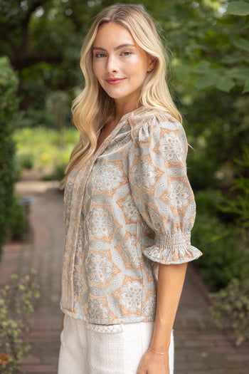 VOY Geometric Velvet Jacquard Top in Taupe