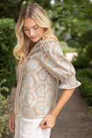 VOY Geometric Velvet Jacquard Top in Taupe