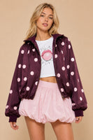 J.nna Satin Polka-dot Bubble Jacket in Burgundy Pink