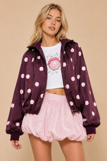 J.nna Satin Polka-dot Bubble Jacket in Burgundy Pink
