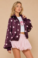 J.nna Satin Polka-dot Bubble Jacket in Burgundy Pink