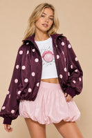 J.nna Satin Polka-dot Bubble Jacket in Burgundy Pink