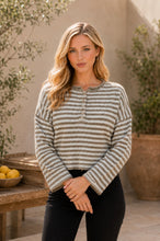 Load image into Gallery viewer, Sew in Love Striped Crew Neck Long Sleeve Top with Button Details in Oatmeal/White
