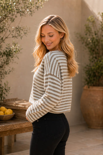 Sew in Love Striped Crew Neck Long Sleeve Top with Button Details in Oatmeal/White