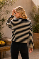 Sew in Love Striped Crew Neck Long Sleeve Top with Button Details in Black/Mocha