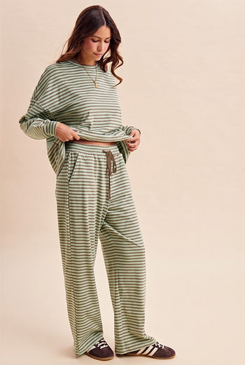 AnnieWear Striped Brush Knit Top & Wide Leg Pants Set in Mint