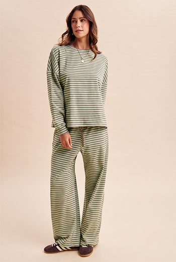 AnnieWear Striped Brush Knit Top & Wide Leg Pants Set in Mint