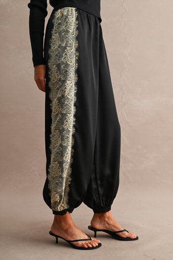 MABLE Satin Balloon Pants With Lace Trim in Black