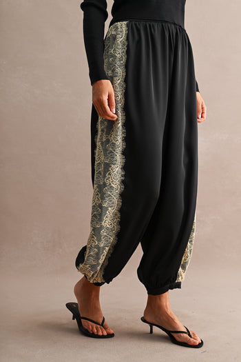 MABLE Satin Balloon Pants With Lace Trim in Black
