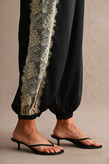 MABLE Satin Balloon Pants With Lace Trim in Black