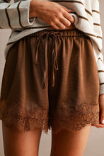 Load image into Gallery viewer, MABLE Floral Lace Trim Drawstring Waist Shorts  in Chocolate Brown
