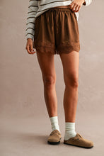 Load image into Gallery viewer, MABLE Floral Lace Trim Drawstring Waist Shorts  in Chocolate Brown
