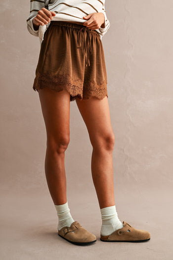 MABLE Floral Lace Trim Drawstring Waist Shorts  in Chocolate Brown
