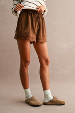 Load image into Gallery viewer, MABLE Floral Lace Trim Drawstring Waist Shorts  in Chocolate Brown
