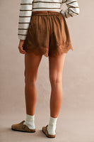 MABLE Floral Lace Trim Drawstring Waist Shorts  in Chocolate Brown