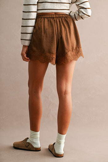 MABLE Floral Lace Trim Drawstring Waist Shorts  in Chocolate Brown