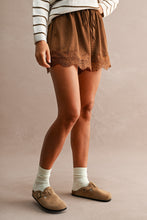 Load image into Gallery viewer, MABLE Floral Lace Trim Drawstring Waist Shorts  in Chocolate Brown
