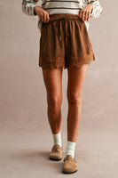 MABLE Floral Lace Trim Drawstring Waist Shorts  in Chocolate Brown