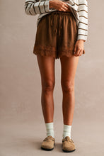 Load image into Gallery viewer, MABLE Floral Lace Trim Drawstring Waist Shorts  in Chocolate Brown
