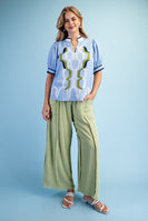 GiGio Embroidered Linen Blend Top in Blue