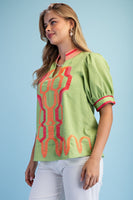 GiGio Embroidered Linen Blend Top in Lime Green