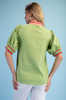 GiGio Embroidered Linen Blend Top in Lime Green