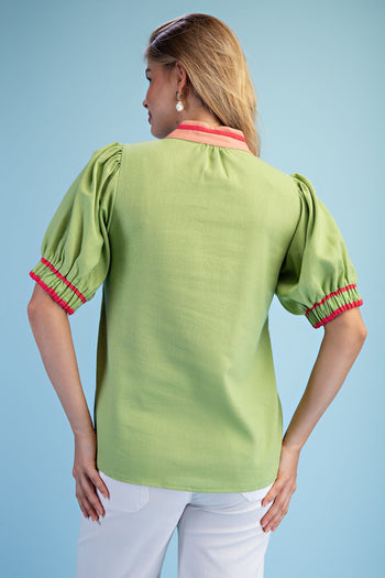 GiGio Embroidered Linen Blend Top in Lime Green