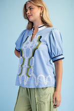 Load image into Gallery viewer, GiGio Embroidered Linen Blend Top in Blue
