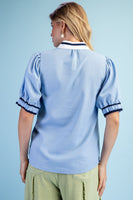 GiGio Embroidered Linen Blend Top in Blue