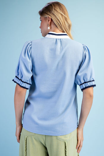 GiGio Embroidered Linen Blend Top in Blue