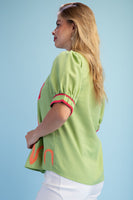 GiGio Embroidered Linen Blend Top in Lime Green