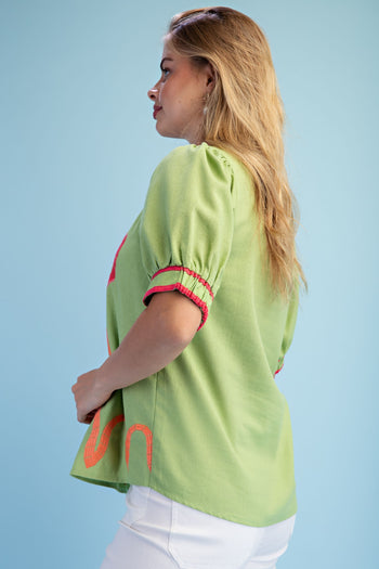 GiGio Embroidered Linen Blend Top in Lime Green