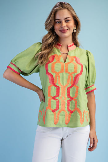 GiGio Embroidered Linen Blend Top in Lime Green