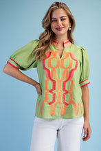 Load image into Gallery viewer, GiGio Embroidered Linen Blend Top in Lime Green
